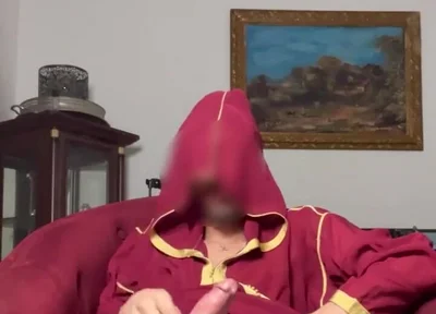 Arab Guy Wearing Jellaba Showing off and Edging His Fat Muslim Dick Before Cumming