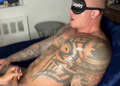 Blind Folded Damian Dragon Masturbates Hard Dick