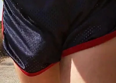 So Hot! Running with My Erect Cock Out Wearing Shiny See Thru Cock Sport Shorts