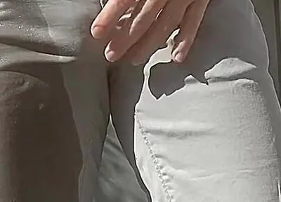 Jules Wets His Grey Pants and Exposes His Semi-hard Cock Through His Trousers