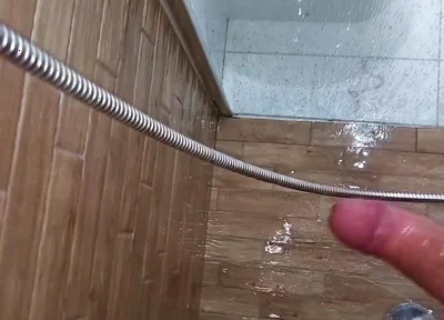 At My Stepmom's House. I Cummed in the Shower Showing My Big Cock - Very Risky Handjob