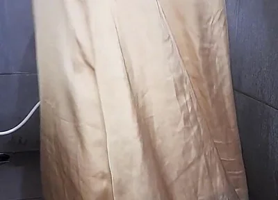 Long Gold Satin Dress Masturbation Cum