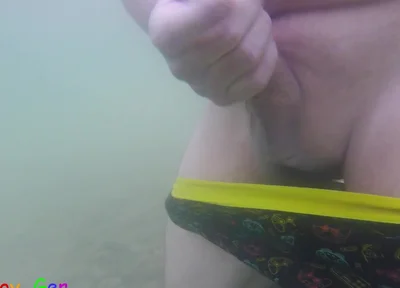 In a Beautiful Mountain Lake, I Jerk off Underwater My Cock, but It Was Too Cold to Cum, so the Finale Place on Land.