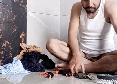 Desi young boy enjoy washing father's underwear