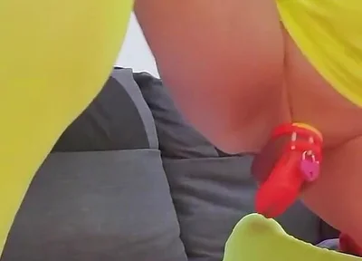 British Dilf Locked in Chastity and Anal Dildo Riding