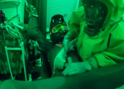 Hazmat gear boys fucking biker in sling