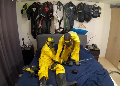 Vacuuming in tellchen hazmat suits