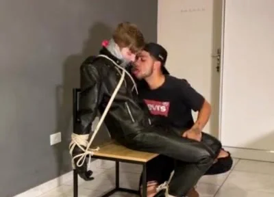 Bound leather boy cum load