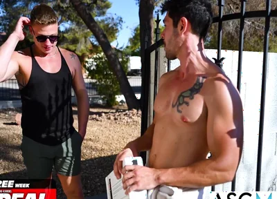 Poolside Package Delivery Turns Into Sweaty Flip-fuck With Tattooed Hunks With Nico Coopa, Trevor Harris And Ryder Owens