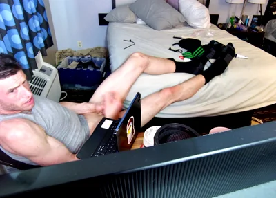 Jerk off with Feet on Bed with Socks Pulled to Calves as I Bust Grunting Hard in Chair