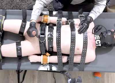 Rubber Twink Strapped Down and Made to Eat His Own Cum