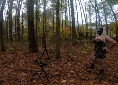 Giant Fake Tits Crossdresser Walk in the Woods Behind the Scenes Photo Shoot