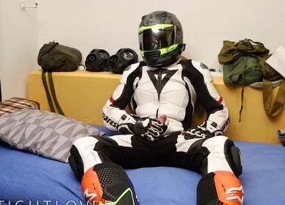 Leather biker cuming in gear