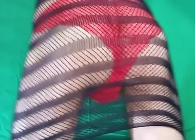 Red Lace Panties Under Fishnet Dress
