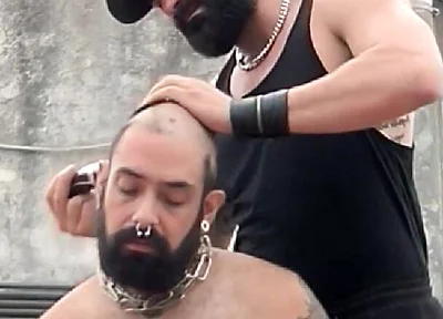 The Bearded Master Has a Hairy Pig Slave and Shaves Its Head.