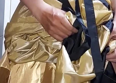 Gold Satin Silk Longdress Evening Gown Masturbation