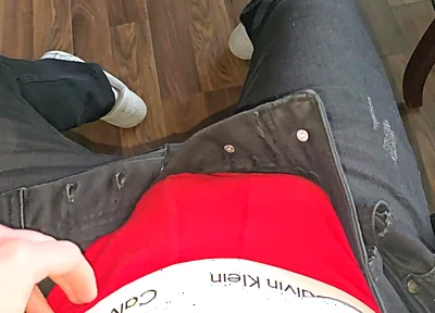 Red Calvin Klein Bulge Gets Slowly Stroked While Colleagues Are Two Meters Away