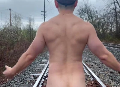 Rain-soaked Railroad Exhibition Muscular Asian Hunk Strips, Flexes, Cums Hard & Marks His Territory