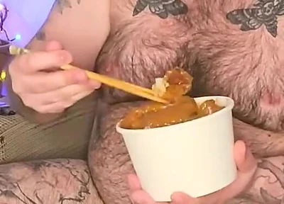 Stepdaddy Stuffs His Face with a Takeaway and Enjoys It so Much He Wanks with the Sauces!