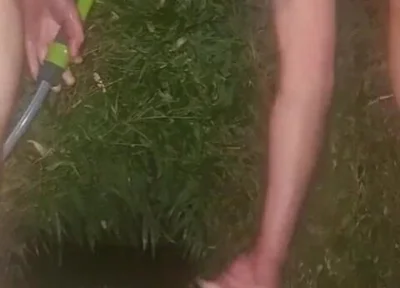 Clean Pressure Enema with Ass Lips and Pissing - Outdoor Garden Hose Anal