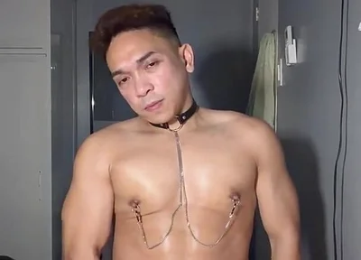 Asian Twink Jerks off with Nipple Clamps for Huge Load