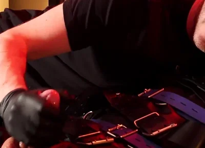 Edging the Boy in Leather Bondage but He Is Not Allowed to Orgasm