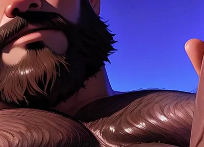 Thick Hairy Bear Stroking Himself Sensually. Man Bun and Massive Body