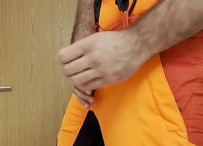 Lumberjack in Hivis Jerks His Huge Cock and Muscle Worship
