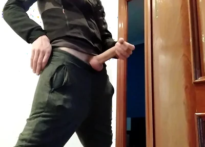 Handjob From Hot Amateur Guy with Big Cock, Shoots at the Door