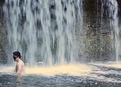 Muscular Asian Hunk Flexes in Speedo by Waterfall - Tight Ass & Hole Tease, Strips Naked & Explodes with Massive Cumshot