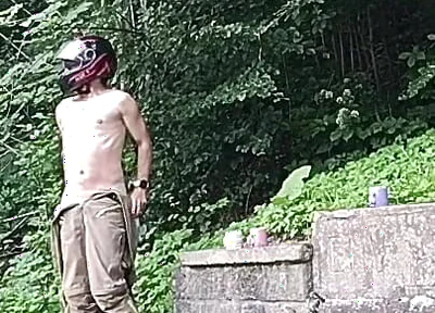 Jerking off in Public on the Road Near a Spring, Caught by a Young Man Masturbating Completely Naked