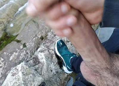 Handsome Gives Perfect Cumshot From Nice Big Hard Cock Spit in Front of River Waterfall