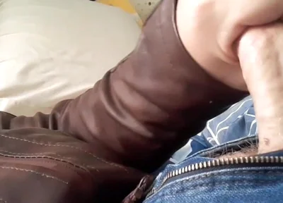 Jerk and Cum on New Brown Leather Jacket