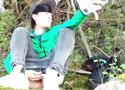 Risky Masturbation Outdoors a Man's Voice Caught This Cute Gay Twink with His Balls Hanging Out, Jerking off His Uncut Foreskin