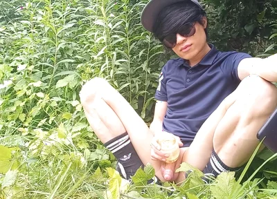 Gay Twink Jon Arteen Jerks off His Cock with an Oiled Fleshlight Outside in the Wilderness, His Cock Leaks Precum and Ejaculates