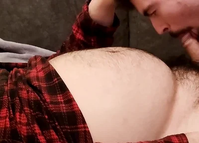 Sucking off a Hairy Bear on the Sofa