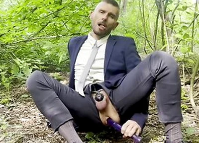 Suited Gentleman Is Spreading Legs Like Slut And Plays With His Malepussy With Locked Dick With Power Bottom