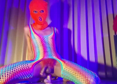 Orange Balaclava Mask Sissy Trans Dyed Pubic Hair Fuck Myself with Dildo