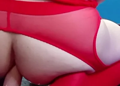In a Red Bodysuit on the Floor. Inside While Cumming on Her Belly