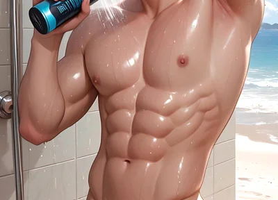 Soft Kawaii Boy in Beach Shower with Pastel Pink Hair
