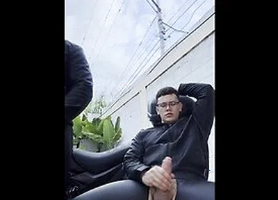 Role Play On The Bike Wearing Hot Leather, In A Hot Outddoors, And Cumming A Huge Load