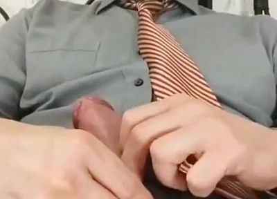 Playing with My Cockring-trapped Thick Cock Until Cumming, Dressed in Tie and Suit Pants