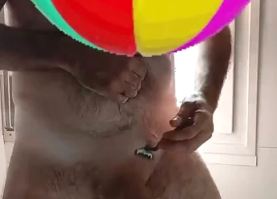 Handsome Mature Chubby with Big Fat Cock Shaving My Cock and Eggs in the Shower in Close-up