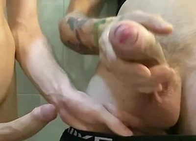 Two Friends Jerk Off Their Big Cocks During A Break