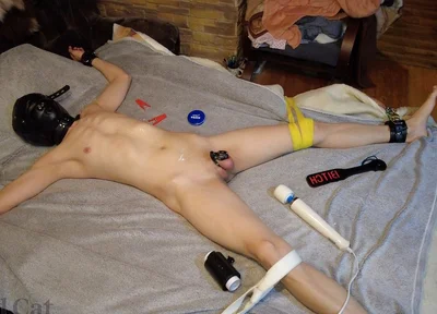 Chastity Guy Tied to the Bed, Allowed to Cum and Locked Again