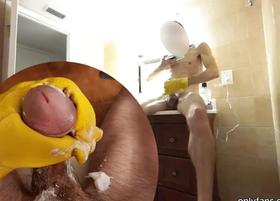 Muscular Slim Body Guy Hard Jerking off Uncut Huge Cock by Yellow Leather Glove
