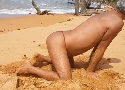 Ladysilva on the Beach Showing off His Hot Ass in Red Panties